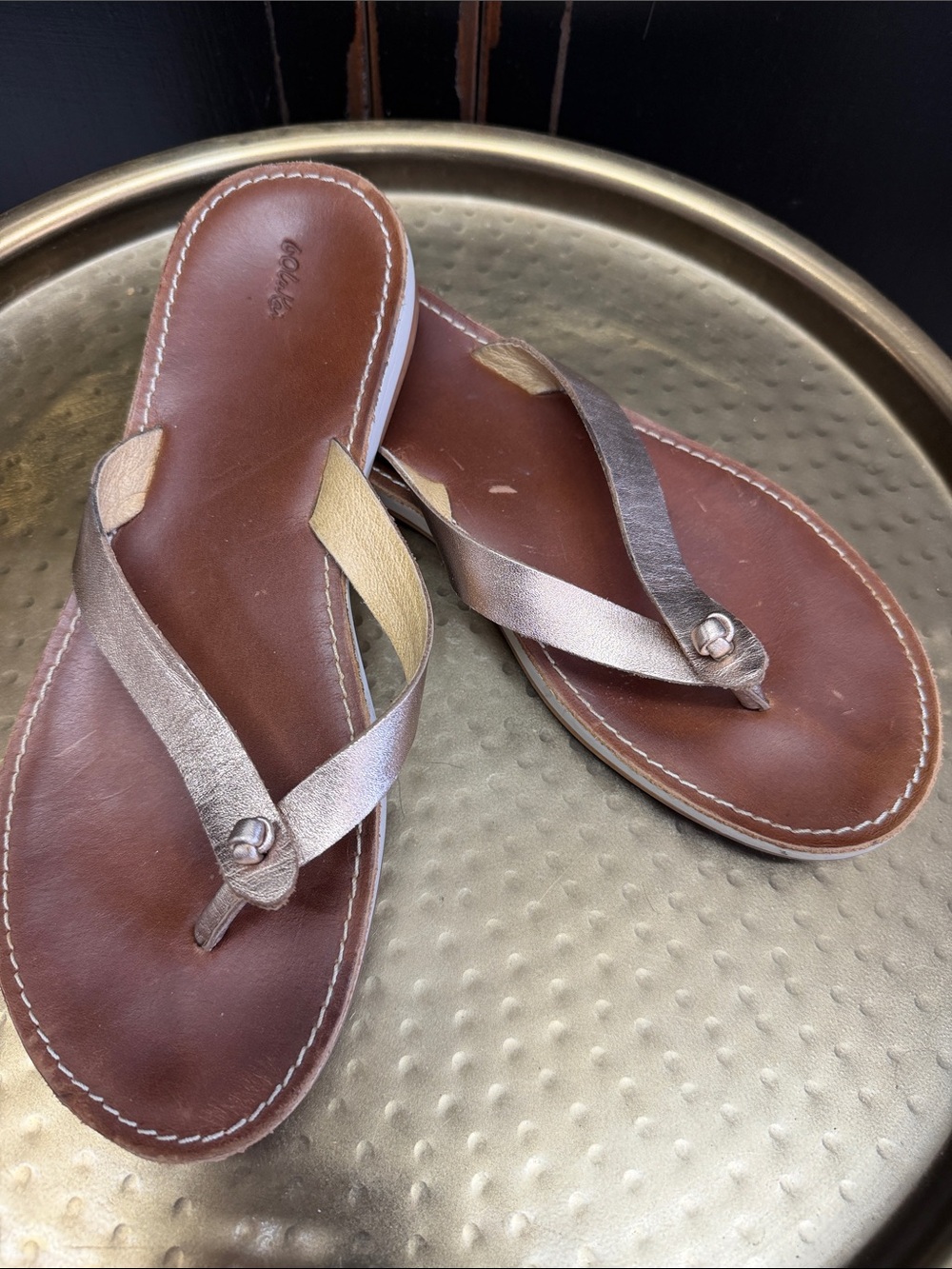 Olukai Women's Nohie Metallic GoldLeather Flip Flop Sandals